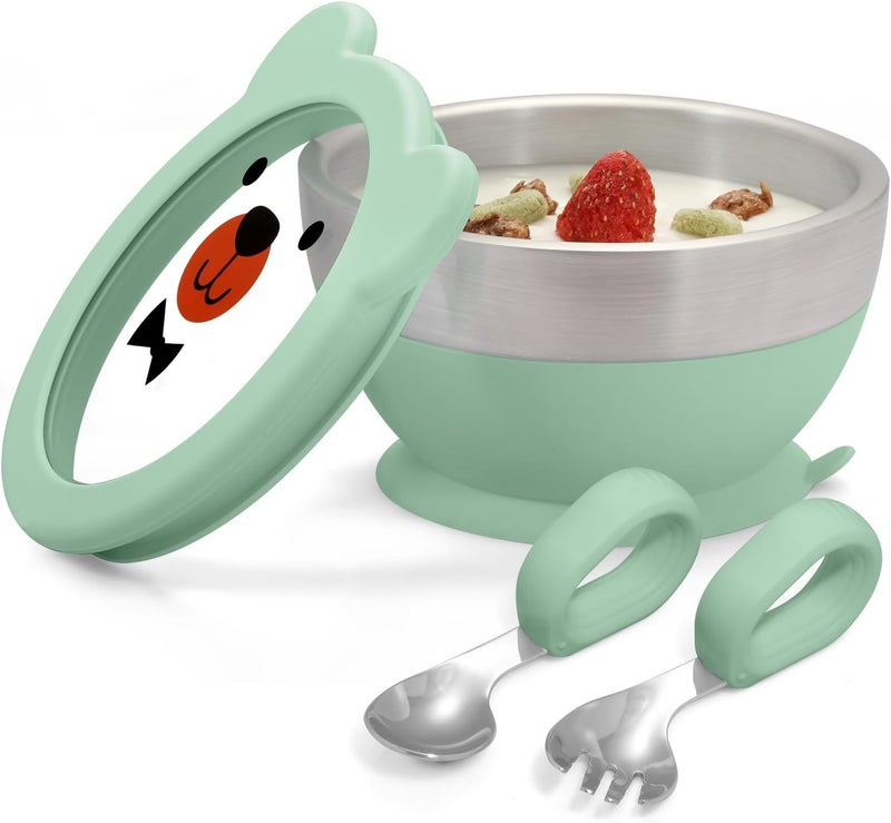 MR. CHOU Baby Suction Bowl Set with Spoon & Fork, Insulated Double-Layer 18/8 Stainless Steel Toddler Bowls with Silicone Suction Cup & BPA Free Airtight Lids, Green - Image 1